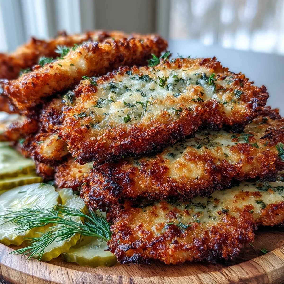 A close-up of golden Crispy Dill Pickle Parmesan Chicken cutlet shows a crunchy Parmesan crust on white plate.