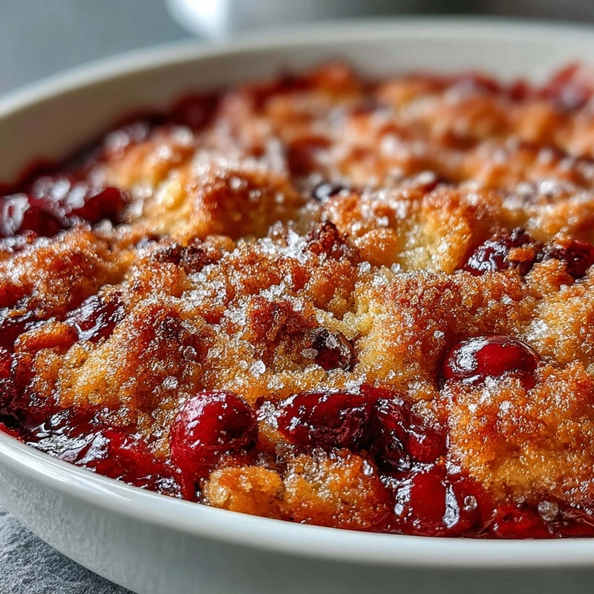 A slice of Crispy Cranberry Cobbler reveals golden, flaky topping over bubbling, bright red cranberry filling.