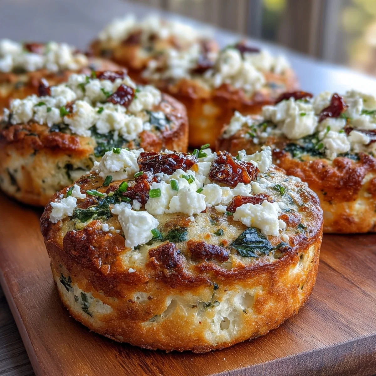 A close-up view of Mediterranean Sausage Breakfast Protein Biscuits topped with feta and sun-dried tomatoes served on a white plate.