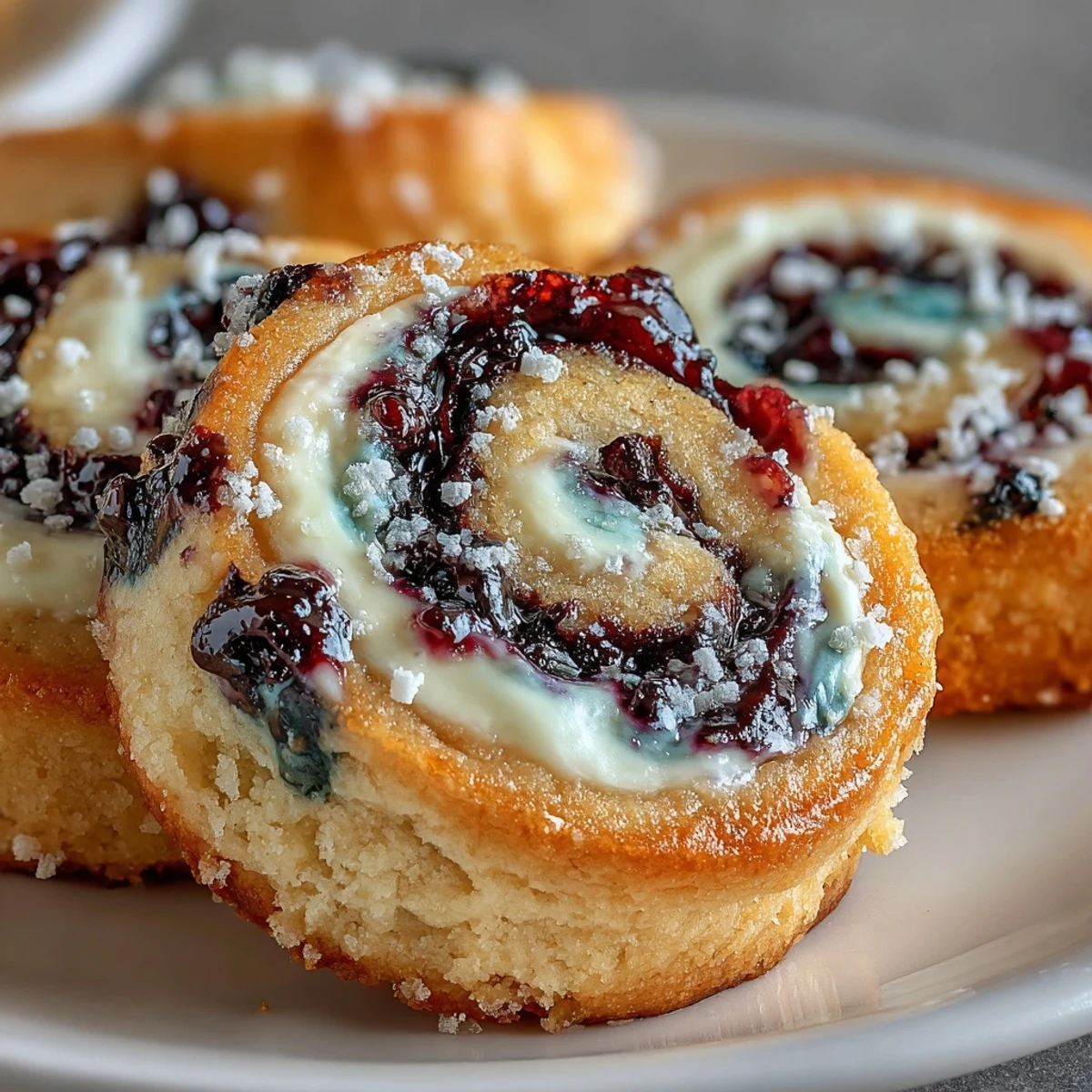 Golden-brown Easy Blueberry Cheesecake Swirl Cookies rest on a cooling rack, revealing a creamy cheesecake center with vibrant marbled blueberry filling.
