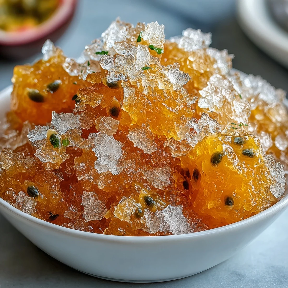 Passionfruit Granita served in a chilled glass, topped with fresh mint and seeds.