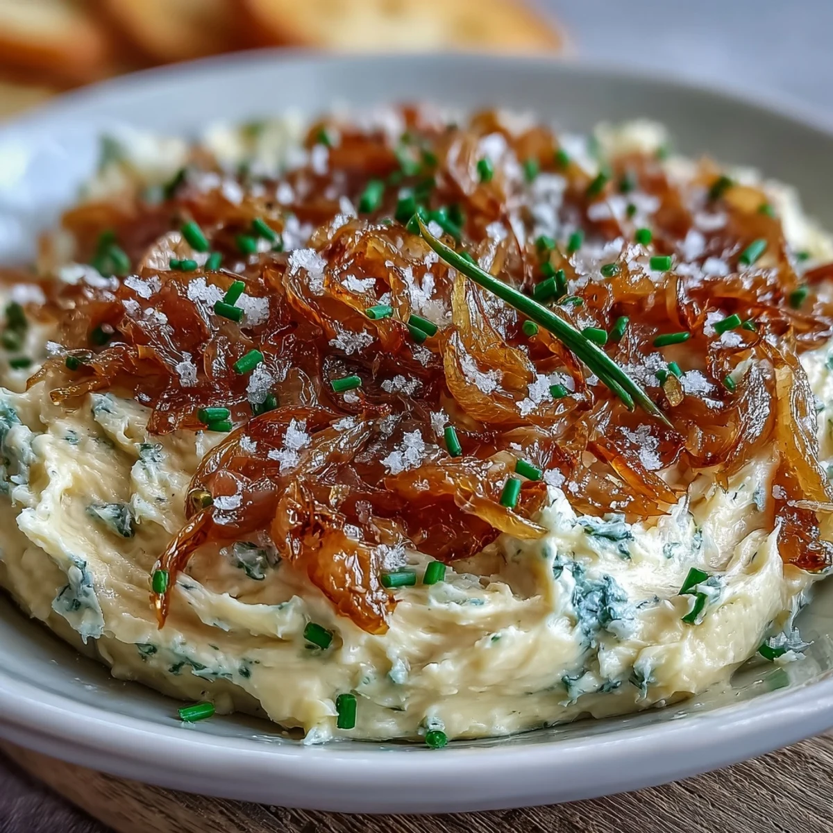 A rich Caramelized Onion Butter Board topped with silky onions and herbs beside sliced baguette.