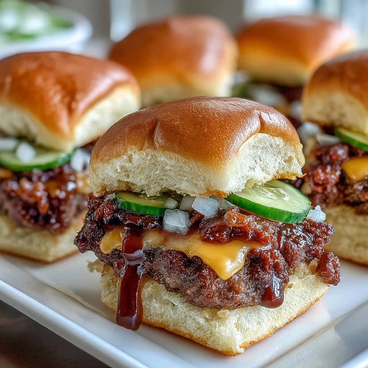 Appetizing Mini Smash Burger Rolls topped with crisp lettuce and diced onions, perfect for a party platter.