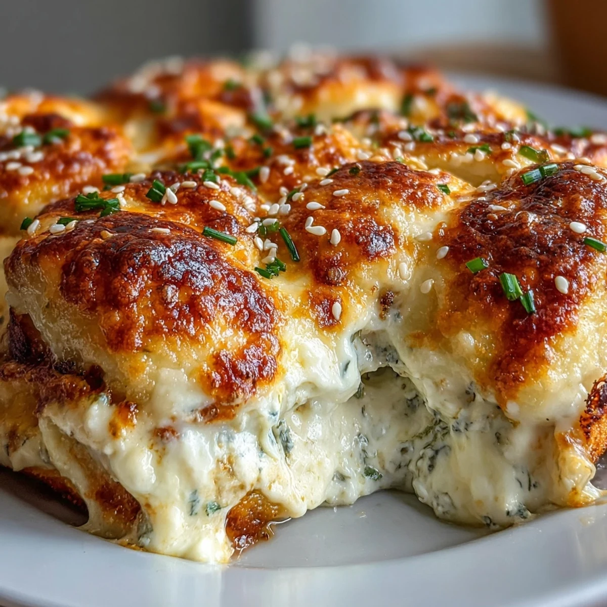 Golden, cheesy Trader Joes Dumpling Bake in a white dish, melted cheese pull and scallions for a family-style comfort meal.