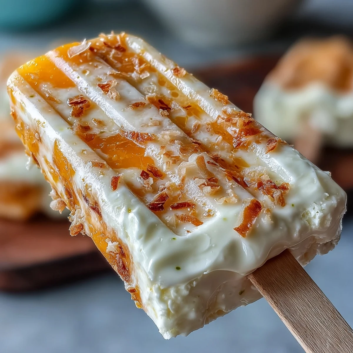 Creamy, golden Mango Greek Yogurt Popsicles with Lime and Coconut are frozen in molds on a wooden table.