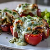 A close-up shows tender mini peppers filled with vibrant green pesto chicken and gooey melted cheese. These Pesto Chicken Stuffed Sweet Peppers are garnished with fresh basil for an Italian-inspired bite.