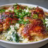 Plated Creamy Greek Chicken & Pearl Couscous Bake garnished with fresh dill and lemon wedges, served alongside a crisp Greek salad.