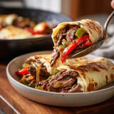A person is eating a keto Philly cheesesteak roll ups.