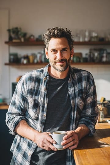A man with a beard and a plaid shirt is holding a cup.