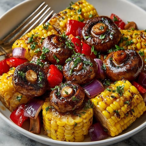 Sweet Corn and BBQ Mushroom Foil Packs with charred edges served fresh from the grill