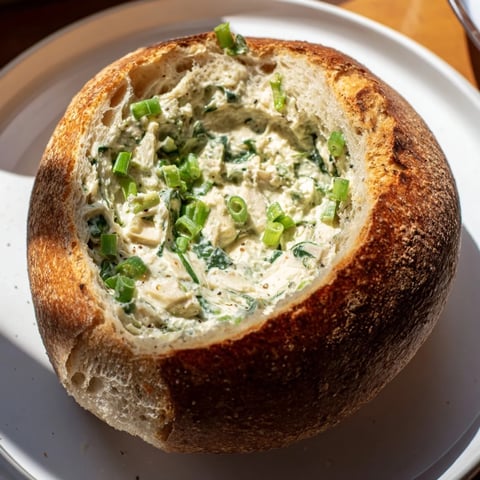 Creamy spinach dip overflowing a bread bowl, perfect party appetizer and savory, rich flavors.