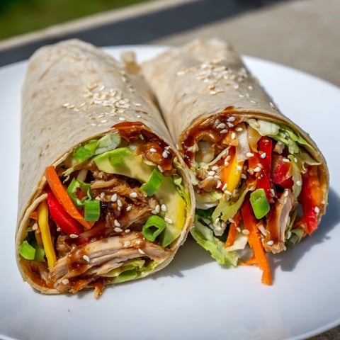 Tender teriyaki chicken wrap, overflowing with colorful veggies and savory sauce, ready to eat.