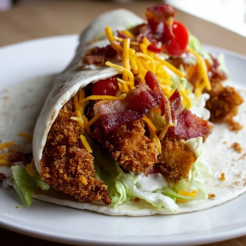 Golden, crispy chicken bacon ranch wrap, overflowing with fresh fillings and ready to enjoy.