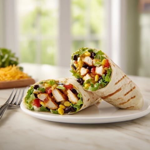 Warm, hearty Southwest Chicken Wrap, filled with savory chicken, beans, and creamy dressing on display.