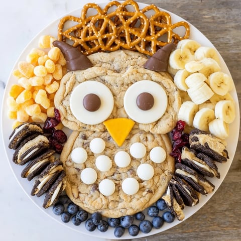A beautifully arranged Owl Hooting Dessert Board with chocolate, cookies, and colorful fruit.
