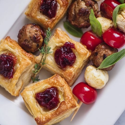 Joy to the World Festive Appetizer Trio: Golden puff pastry bites alongside vibrant caprese skewers and spiced meatballs.
