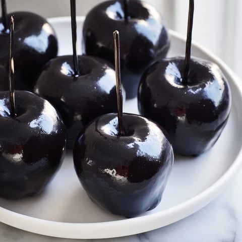 Shiny, black poison apples glistening on a Halloween treat board ready for a festive party.