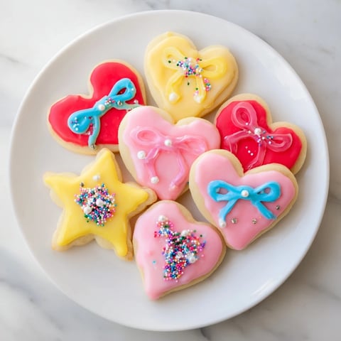 Pretty Bows Heart & Star Cookies gleaming with colorful icing and festive sprinkles, ready to enjoy.
