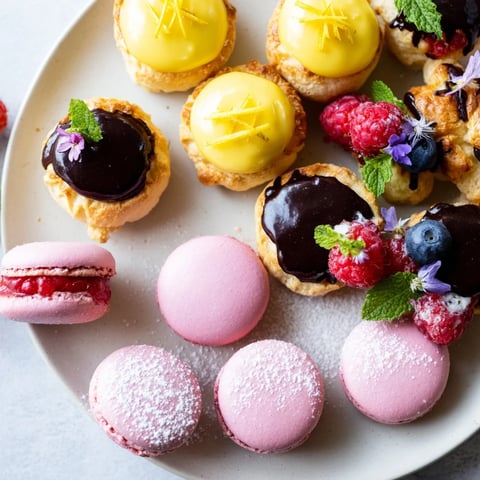 A beautifully arranged  Montgolfière Dessert Platter featuring mini pastries and vibrant fresh berries.