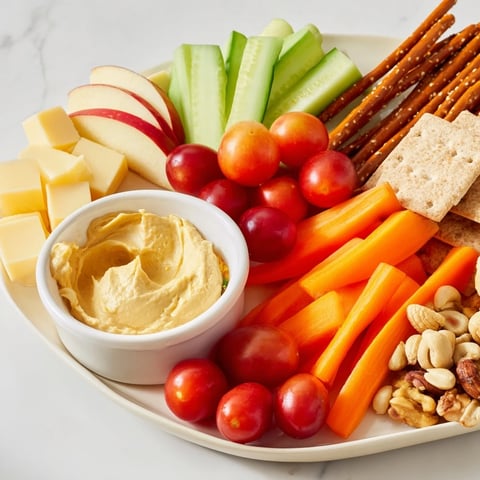 Road trip snack platter: A colorful display of fresh fruits, cheeses, and pretzels perfect for traveling.