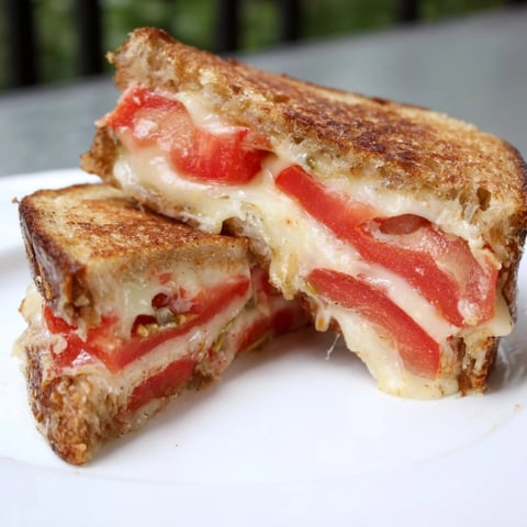 Golden-brown Pepper Jack & Tomato Grilled Cheese oozes melted cheese with fresh tomato alongside.