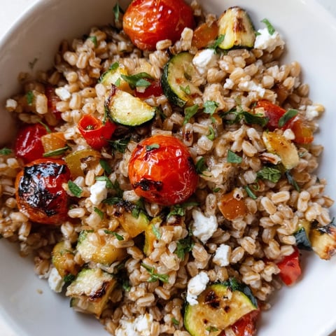A bowl of Farro With Roasted Vegetables featuring caramelized red bell peppers, zucchini, and cherry tomatoes garnished with parsley.