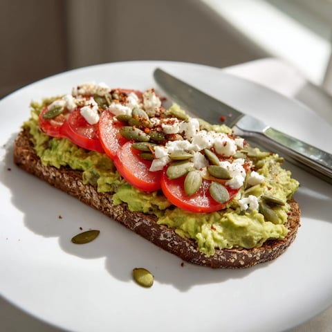 Creamy, seasoned avocado spread over golden toasted whole grain bread, topped with fresh tomato and crunchy seeds for a satisfying breakfast.  