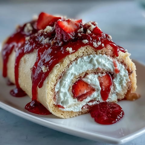 Slices of Strawberry Shortcake Sushi Roll show creamy swirls and juicy red berries on a plate.