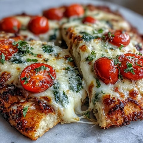 Freshly baked Crispy Garlic Parmesan Naan Pizza with bubbling mozzarella and bright cherry tomatoes on a plate.