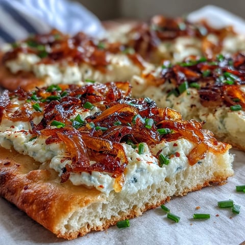 Golden-baked Goat Cheese & Caramelized Onion Flatbread topped with fresh thyme and a drizzle of honey on a rustic board.