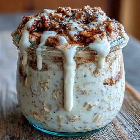 High-Protein Cinnamon Roll Overnight Oats in a glass jar, layered with creamy oats and a luscious cream cheese drizzle.