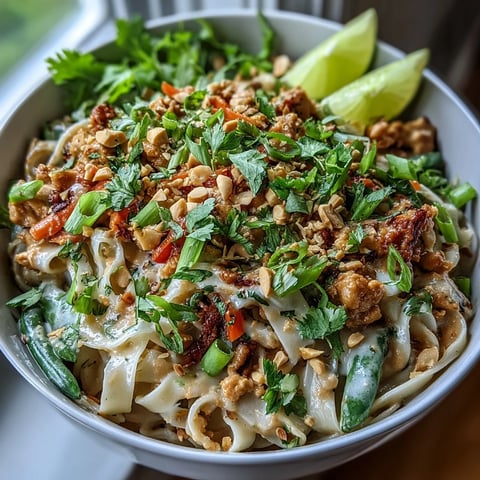 Freshly cooked Creamy Thai-Inspired Peanut Noodle Bowls garnished with peanuts and cilantro in a rustic white bowl, steaming hot.