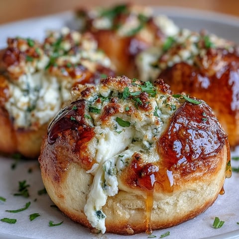 Freshly baked Hot Honey Ricotta Stuffed Garlic Knots on a marble board, brushed with garlic butter and dripping with spicy sweet glaze.