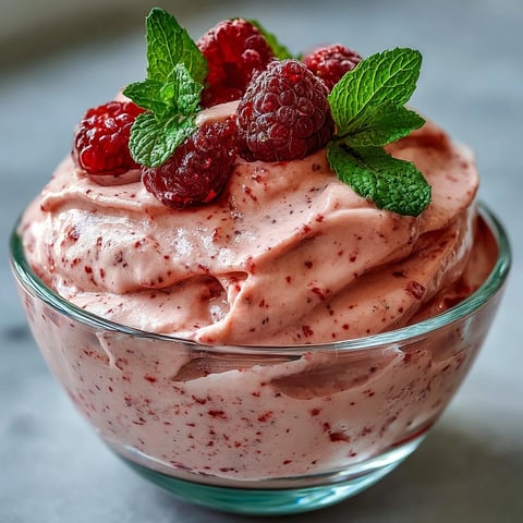 Four clear serving glasses of Cottage Cheese Raspberry Mousse topped with fresh raspberries and mint, perfect for a light dessert.