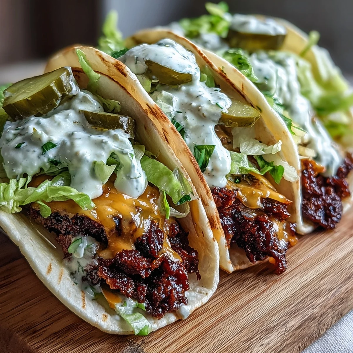 Freshly cooked Smash Burger Tacos sizzling on a griddle, featuring seared beef fused to flour tortillas with melted cheese.