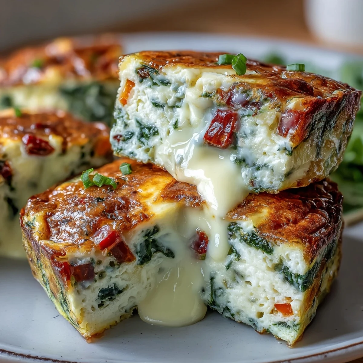 Golden-brown Easy Cottage Cheese Egg Bites with diced bell peppers and spinach rise from a muffin tin, showcasing a fluffy, protein-rich texture. 