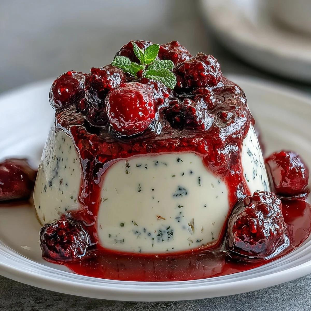 Silky Cardamom Panna Cotta topped with a spoonful of vibrant berry compote, served in a glass ramekin.