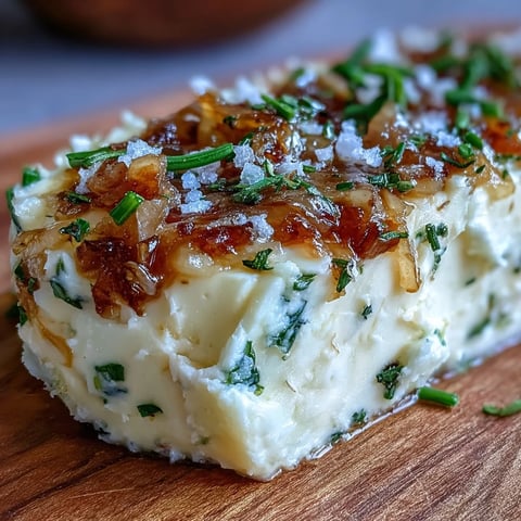 Golden caramelized onions blended into creamy butter on a board, ready for spreading on crackers.