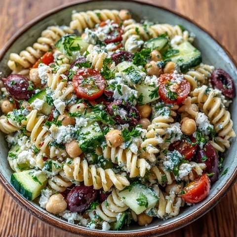 Vibrant Mediterranean Chickpea Pasta Salad with Cucumber and Olives served in a glass bowl, perfect for a refreshing lunch.
