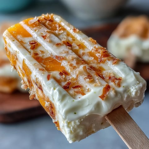 Creamy, golden Mango Greek Yogurt Popsicles with Lime and Coconut are frozen in molds on a wooden table.