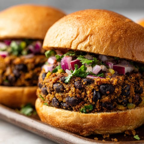 Two burgers with black beans and onions.