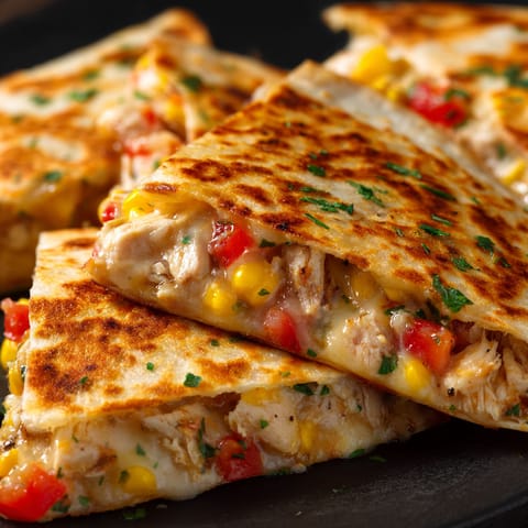 A plate of quesadillas with chicken and vegetables.