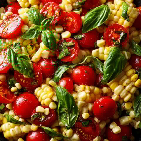 A salad of corn and tomatoes with basil.
