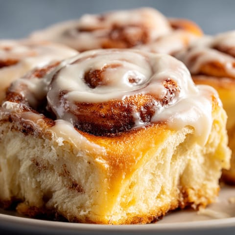A plate of cinnamon rolls with cream cheese frosting.
