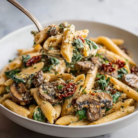 A bowl of pasta with mushrooms and spinach.