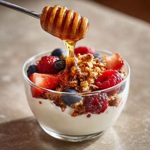 A bowl of granola and honey yogurt.