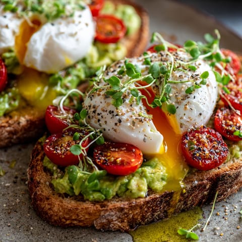 A slice of toast with avocado and poached eggs.