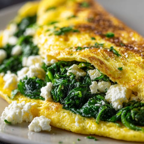 A close up of a vegetable omelet with spinach and cheese.