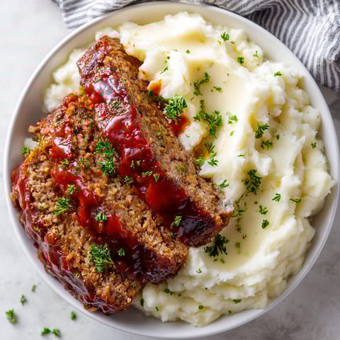 A plate of meatloaf and mashed potatoes.