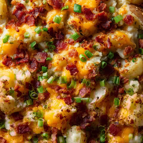 A close up of a cheesy bacon and potato dish.